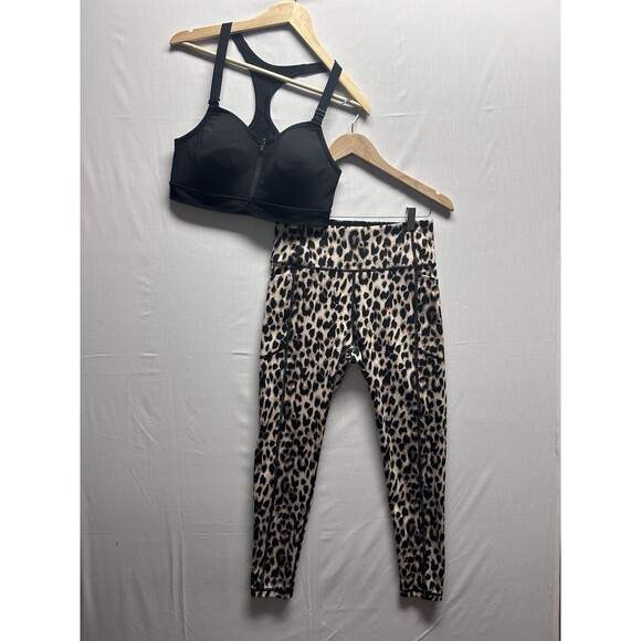 Pink By Victorias Secret 2 Piece Athletic Set Black Leopard Leggings Bra 10/L - Picture 1 of 15